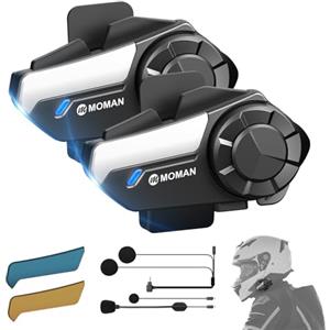 Moman Interfono Moto Coppia, H2S Auricolare Casco Moto 1000M Sistema di Comunicazione Riduzione del Rumore Tripla Audio Multifunzione Hi-Fi Stereo Radio FM Controllo Vocale AI IPX6 Impermeabile
