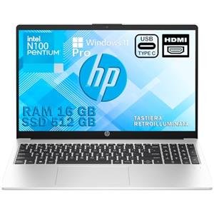 HP 250 G10 Silver Notebook,portatile, RAM 16GB, SSD 512GB, Display FullHD 15.6", Cpu Intel N100 4 Core da 3,4 GHz, tastiera retroilluminata, Win 11 Pro,Gar Italia