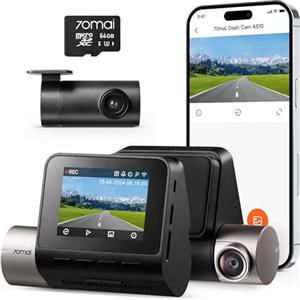 70mai Dash Cam Auto A510 Full-HD con Scheda SD da 64GB, 1944P Doppio Dashcam con GPS e WiFi, Visione Notturna, Registrazione in Loop, Modalità Parcheggio 24H, Controllo Tramite App, Massimo 256GB