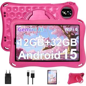 DEERTiME Tablet Bambini 9 Pollici Android 15 Tablet con Gemini AI, 12GB RAM+32GB ROM/TF 2TB, Octa-Core, 2.0GHz, 5G WiFi 6, BT5.0, 8+5MP,5000mAh,Widevine L1,Parentale Controllo Tablets con Eva Caso-Rosa