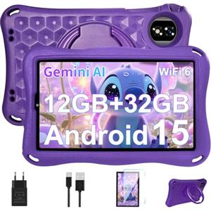 DEERTiME Tablet Bambini 9 Pollici Android 15 Tablet con Gemini AI, 12GB RAM+32GB ROM/TF 2TB, Octa-Core, 2.0GHz, 5G WiFi 6, BT5.0, 8+5MP,5000mAh,Widevine L1,Parentale Controllo Tablets con Eva Caso-Viola