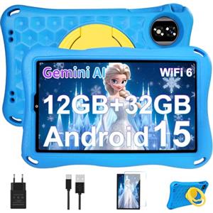 DEERTiME Tablet Bambini 9 Pollici Android 15 Tablet con Gemini AI, 12GB RAM+32GB ROM/TF 2TB, Octa-Core, 2.0GHz, 5G WiFi 6, BT5.0, 8+5MP,5000mAh,Widevine L1,Parentale Controllo Tablets con Eva Caso-Blu