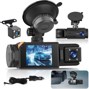 Techschermo 1080P WiFi Dash Cam, 3 Canali Dash Cam Anteriore e Posteriore all'interno, Full HD 2,0 Pollici Schermo IPS Dash Camera per auto con Registrazione in Loop, Visione Notturna, Rilevamento del Movimento