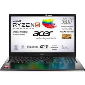 acer Notebook Aspire Ryzen5 7530u CPU 6Core, fino a 4,5 GHz, RAM 8 Gb LPDDR4 4266 MHz, SSD PCIe NVMe 512Gb, FHD 15,6" IPS, Tastiera Retroilluminata, Fingerprint, Win11Pro, preconfigurato