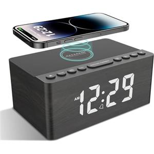 ANJANK Sveglia in Legno da Comodino con Radio FM,Stazione di ricarica Wireless Veloce 10W per iPhone/Samsung Galaxy,Sveglia Digitale Display LED,Dimmer a 5 Livelli,Timer di Sonno,Porta di Ricarica USB