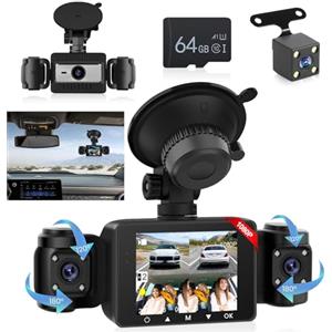 Techschermo Dash Cam 1080P, Dash Cam a 4 Canali Anteriore e Posteriore Interna, Dash Camera Full HD con Schermo IPS da 2,4'' per Auto con Visione Notturna, Sensore G, Registrazione in Loop + Scheda TF da 64 GB