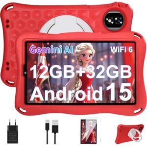 DEERTiME Tablet Bambini 9 Pollici Android 15 Tablet con Gemini AI, 12GB RAM+32GB ROM/TF 2TB, Octa-Core, 2.0GHz, 5G WiFi 6, BT5.0, 8+5MP,5000mAh,Widevine L1,Parentale Controllo Tablets con Eva Caso-Rosso