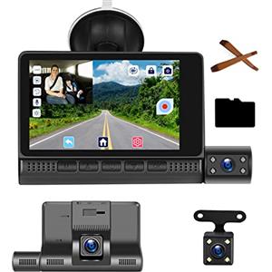 Hodozzy Telecamera Auto Dash Cam FHD 1080P 4 Pollici Touch Screen, 3 Telecamere - Frontale Interna Posteriore, G-Sensor, Registrazione in Loop, Sensore Movimento, Monitor di Parcheggio, WDR, SD 32GB DashCam