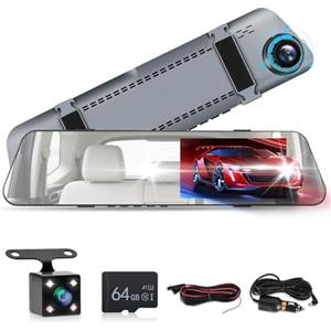 Techschermo Dashcam - Specchietto retrovisore con telecamera posteriore con scheda da 64 G, fotocamera frontale e posteriore da 4,7 pollici, 720P Full HD, touch screen