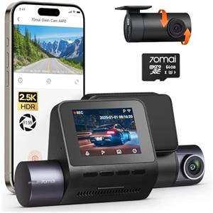70mai Dash Cam Anteriore e Posteriore A410, Doppia Dashcam 2.5K+1080P HDR, Visione Notturna Super, Apertura F1.55, Modalità Parcheggio 24H, WiFi GPS, G- Sensor, Registrazione in Loop, Include 64GB SD