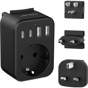 JSVER Adattatore da Viaggio Internazionale,Adattatore da Viaggio Universale con 4 Porte(2 USB-C e 2 USB-A) Tipo C/G/B per USA/Messico/Europa/Regno Unito/Hong Kong (Nero)