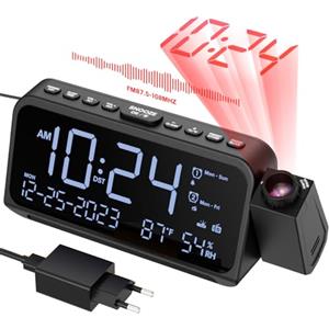 ROCAM Radiosveglia Digitale da Comodino, Sveglia per Camera da letto, Giorno Della Settimana/fine Settimana, Orologio di Proiezione DST Dimm/temperatura/datario, Sveglia Digitale per Comodino