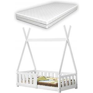 [en.casa] Letto per Cameretta a Forma di Capanna con Sponde Anticaduta e Materasso 70x140 cm Lettino Tipi per Bimbi Design Montessori Legno di Pino - Bianco
