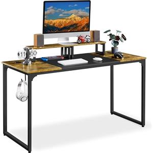 Yaheetech Scrivania per Computer Tavolo per PC Postazione di Lavoro Portaoggetti 140 x 60 x 89 cm Mobile da Ufficio a 2 Ripiani in Legno e Metallo Tavolo per Studio Vintage e Industriale