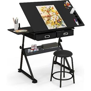 GIANTEX Tavolo da Disegno con Sgabello, Tavolo Architettonico Regolabile in Altezza e Inclinabile, Scrivania Tavolo da Lavoro con Cassetti e Doppie Superfici di Lavoro per Caratteri (Nero)