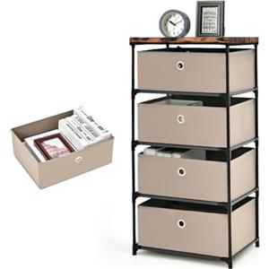 KOMFOTTEU Cassettiera con 4 Cassetti Estraibili e Pieghevoli, Cassettiera Camera da Letto in Tessuto, Struttura in Metallo, Armadietto per Soggiorno, Ufficio, Studio, 42 x 32 x 84,5 cm (Caffè)