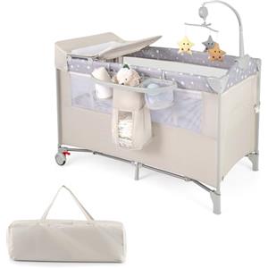 COSTWAY 5 in 1 Lettino per Bambini con Materasso, Lettino Culla da Viaggio per Neonati, Culla Neonato con Fasciatoio, Box Portatile Pieghevole, con Ruote e Borsa, 125 x 65 x 119 cm (Beige)