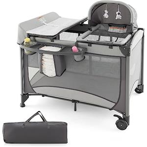 RELAX4LIFE 5-in-1 Lettino da Campeggio per Bambini, Culla Neonato Fianco Letto, Lettino Neonato con Materasso, Ruote Bloccabili e Borsa per il Trasporto, per Bambini 0-36 Mesi (Grigio)