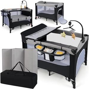 RELAX4LIFE 5 in 1 Lettino Neonato, Lettino da Campeggio con Fasciatoio e Cintura di Fissaggio, Altezza Regolabile in 4 Livelli, Adatto a Bambini 0-36 Mesi, 110 x 76 x 82,5cm (Grigio Chiaro)