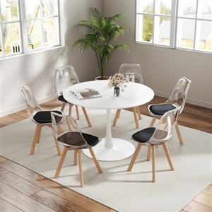 GrandCA HOME Tavolo da Pranzo con 6 Sedie, Tavolo da Pranzo Rotondo Moderno Bianco da 110 CM, 6 Sedie da Cucina Trasparenti Tulip, per Cucina, Soggiorno (Nere)