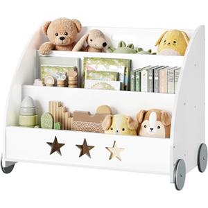 WOLTU Libreria per bambini in legno, scaffale per giocattoli a 3 livelli, organizza libri con ruote cameretta, bianco