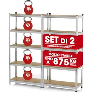 EASYmaxx Set di 2 scaffali per carichi pesanti, 180x90x40cm | 1750kg di portata, 175kg per livello | Scaffali per magazzini, cantine, banchi da lavoro | 10 Ripiani regolabili