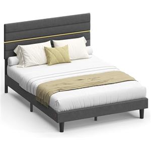 VASAGLE Struttura Letto Matrimoniale, Telaio Letto, per Materasso 140 x 200 cm, Testiera Imbottita Regolabile, Metallo e Legno, Moderno, Grigio Ardesia RMB504G01