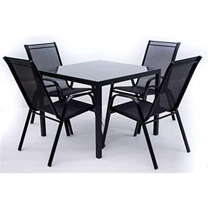 AVANTI TRENDSTORE - Zeno - Set da giardino composto da 1 tavolo in metallo e vetro, con 4 sedie impilabili in metallo e rete di plastica sintetica (Tavolo in vetro)