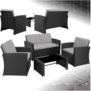 TecTake® Salottino in Rattan, 2 Poltrone, Divano, Tavolo Piano in Vetro Rimovibile, Cuscini Comodi, Viti in Acciaio Inox, Salottino da Giardino Esterno, Salotto Esterno - Nero/Grigio