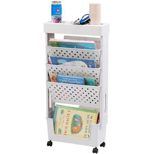 DOEWORKS Libreria Piccolo Scaffale per Libri, Carrello Portaoggetti Libreria con Ruote 5 Livelli Carrello Cucina, Carrello con Ruote per Soggiorno Biblioteca Camera da Letto Ufficio, Bianco