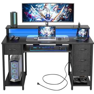 BEXEVUE Scrivania Moderna LED con Ciabatta - 120x50cm Scrivania Gaming Tavolo Computer con Supporto Monitor Vassoio per Tastiera, 4 Cassetti Reversibili, Grande Spazio Studio Gioco Lavoro Casa Ufficio