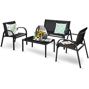 GIANTEX Set di 4 mobili da giardino con tavolino da salotto e panca da giardino e 2 sedie da pranzo, in tessuto, per 4 persone, per terrazze, giardino, set di sedute (nero)