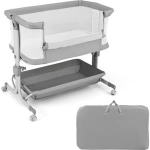 LIFEZEAL Culla Neonato, Next to Me, con Materasso, Cestino Portaoggetti, Ruote e Borsa da Trasporto, Lettino Bambino, Regolabile in Altezza a 6 Livelli, Lettini per Bambini, 0-6 Mesi (grigio scuro)