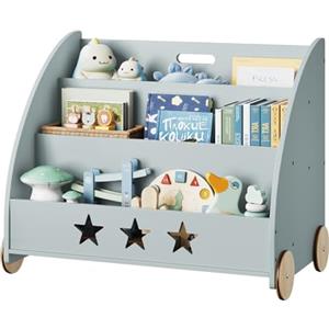 WOLTU Libreria Piccola in Legno per Bambini, Scaffale Porta Giochi con Contenitore e Ruote, Organizzatore per Cameretta, Grigio 62x42x57cm