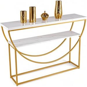 LIFEZEAL Consolle Ingresso, Tavolo Consolle, Moderno, Salvaspazio, Dorato, Oro e Bianco, con Effetto di Marmo, Telaio ad Arco, Console Entrata, Corridoio, in Legno, Metallo, Max 50kg, 120x30x80,5cm