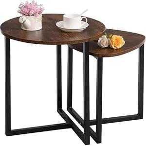 BAKAJI Set 2 Tavolini da salotto ad Incastro, Forma Rotonda e Triangolare con Struttura in Metallo Nero e Piano Noce, Tavoli da Caffè Salvaspazio Design Industrial, Soggiorno, Casa, Ufficio (Design 1)