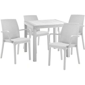 Sicignano Casalinghi Ingrosso Casalinghi Sicignano | Set 5 Pezzi, 4 Sedie con Braccioli + 1 Tavolo Quadrato Rattan - Impilabile, Resistente agli UV, Arredo Interno Esterno Bar Pub Giardino Terrazzo, Made in Italy (Bianco)