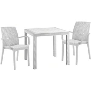Sicignano Casalinghi Ingrosso Casalinghi Sicignano | Set 3 Pezzi, 2 Sedie con Braccioli + 1 Tavolo Quadrato Rattan - Impilabile, Resistente agli UV, Arredo Interno Esterno Bar Pub Giardino Terrazzo, Made in Italy (Bianco)