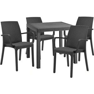 Sicignano Casalinghi Ingrosso Casalinghi Sicignano | Set 5 Pezzi, 4 Sedie con Braccioli + 1 Tavolo Quadrato Rattan - Impilabile, Resistente agli UV, Arredo Interno Esterno Bar Pub Giardino Terrazzo, Made in Italy (Antracite)