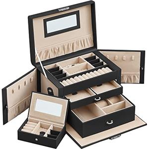 SONGMICS Scatola Portagioie a 3 livelli, Porta Gioielli con 2 Cassetti, con Mini Box Portatile da Viaggio, Maniglia, Chiudibile a Chiave, Idea Regalo, PU Nero Inchiostro, Fodera Beige Sabbia JBC121B