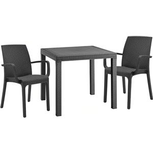 Sicignano Casalinghi Ingrosso Casalinghi Sicignano | Set 3 Pezzi, 2 Sedie con Braccioli + 1 Tavolo Quadrato Rattan - Impilabile, Resistente agli UV, Arredo Interno Esterno Bar Pub Giardino Terrazzo, Made in Italy (Antracite)