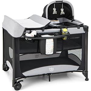 COSTWAY Lettino da Campeggio con Materasso, Lettino Pieghevole per Bambini con Fasciatoio, Culla da Viaggio con Ruote, Giocattolo, Lettino Bambini Staccabile, per Bambini 0-36 Mesi (Nero)