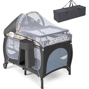 COSTWAY 5 in 1 Lettino da Campeggio con Materasso, Lettino Neonato da Viaggio Pieghevole, Box Bambini Portatile con Borsa, Zanzariera, per Bambini 0-36 Mesi (Elefante Colorato)