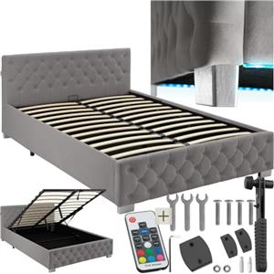 TecTake® Letto Matrimoniale Imbottito con Rete a Doghe, Letto Contenitore Matrimoniale e Illuminazione LED, Struttura in Acciaio, Velluto Trapuntato Chesterfield, con Telecomando, 140x200 cm - Grigio