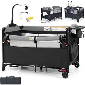 RELAX4LIFE 5 in 1 Lettino Neonato con Materasso, Culla da Campeggio con Fasciatoio e Cintura di Fissaggio, Altezza Regolabile in 4 Livelli, Adatto a Bambini da 0 a 36 Mesi, 125 x 66 x 78 cm (Black)