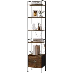 WOLTU Libreria a 5 Piani, Scaffale ad Angolo Alto, Libreria Stretta con 1 Cassetto, Stile Industriale, Struttura in Acciaio, per Soggiorno, Ufficio, Camera da Letto, Marrone Rustico+Nero