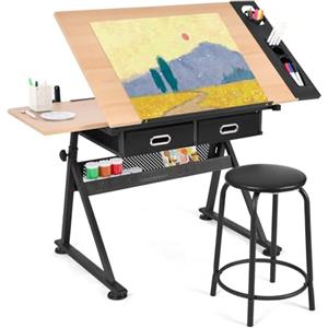 GYMAX Tavolo da Disegno Regolabile in Altezza, Scrivania Regolabile in Inclinazione, Tavolo per Dipingere con Sgabello, 119 x 60 x (73,5-98) cm (NATURALE)