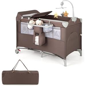 COSTWAY 5 in 1 Lettino per Bambini con Materasso, Lettino Culla da Viaggio per Neonati, Culla Neonato con Fasciatoio, Box Portatile Pieghevole, con Ruote e Borsa, 125 x 65 x 119 cm (Caffè)
