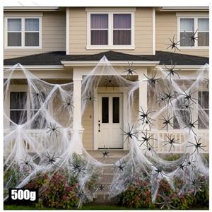 com-four® Set di Decorazioni da 26 Pezzi per Halloween - Ragnatela Estensibile da 500 g con 25 Ragni Neri - Ragnatela Bianca per Halloween, Carnevale, Feste Horror o a Tema