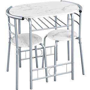 Yaheetech Set Mobili da Bar Tavolo e 2 Sedie Sala da Pranzo Cucina Piccoli Spazi Salvaspazio Balcone per 2 Persone in Legno e Metallo Sedia Portata 136 kg Bianco
